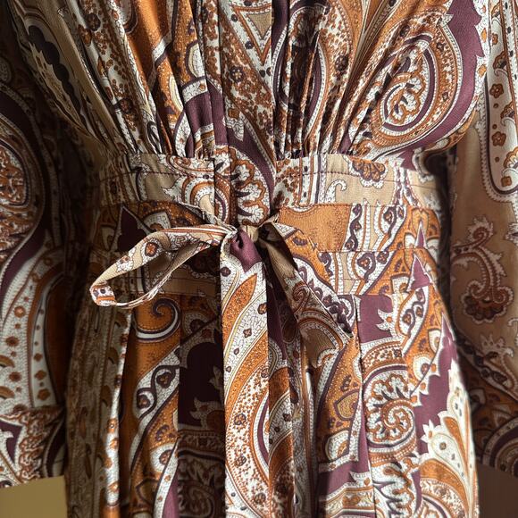 PLENTY by Tracy Reese | Boho Silk Brown Paisley Midi Dress | Size Extra Small - Picture 6 of 10